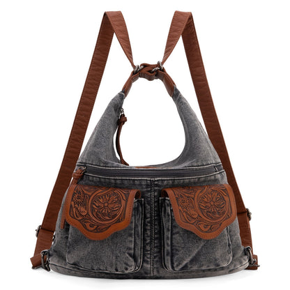 WG103-2008  Wrangler Floral Tooled Denim Hobo/Crossbody Backpack (Convertible )