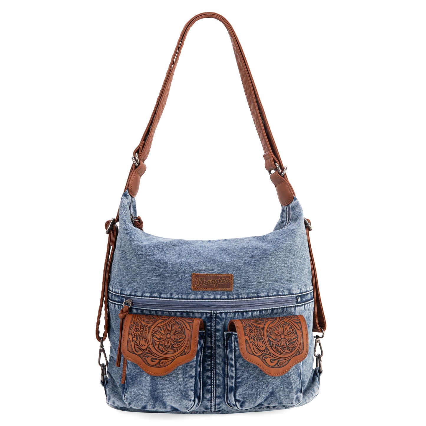 WG103-2008  Wrangler Floral Tooled Denim Hobo/Crossbody Backpack (Convertible ) Jean