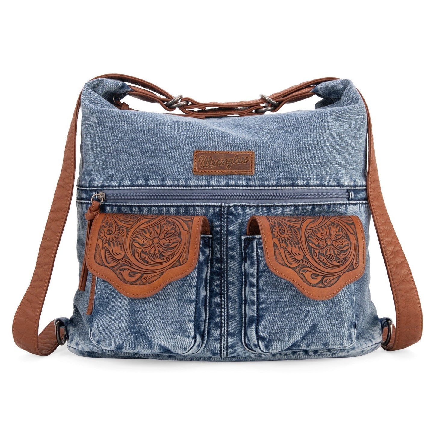 WG103-2008  Wrangler Floral Tooled Denim Hobo/Crossbody Backpack (Convertible ) Jean