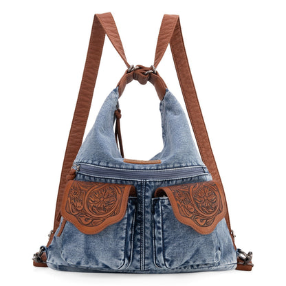 WG103-2008  Wrangler Floral Tooled Denim Hobo/Crossbody Backpack (Convertible ) Jean