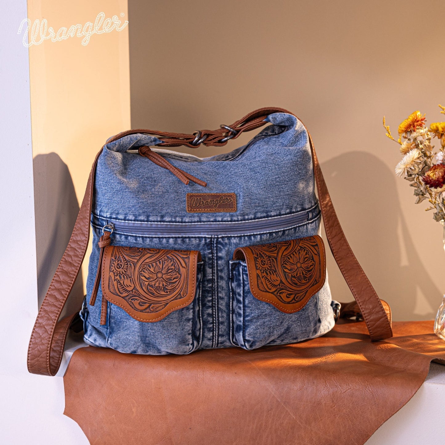 WG103-2008  Wrangler Floral Tooled Denim Hobo/Crossbody Backpack (Convertible ) Jean