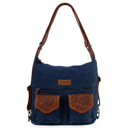 WG103-2008  Wrangler Floral Tooled Denim Hobo/Crossbody Backpack (Convertible ) Navy