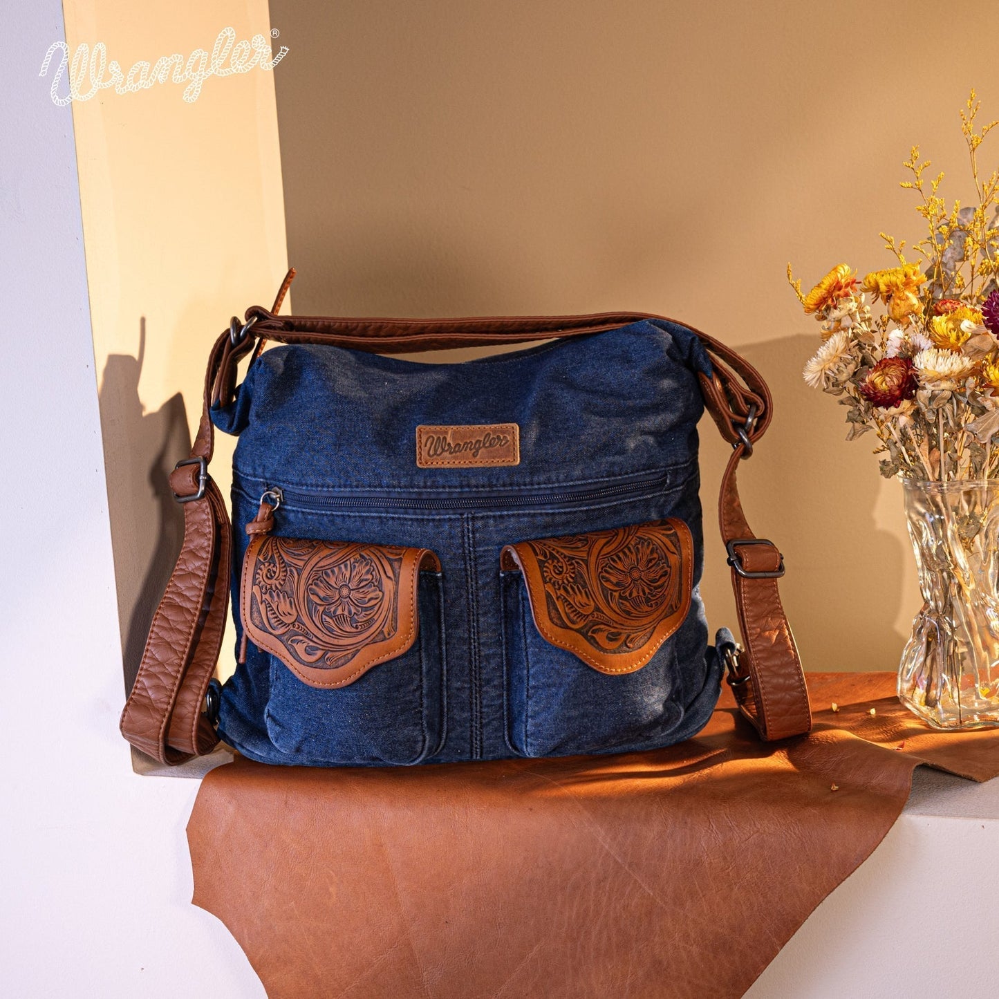 WG103-2008  Wrangler Floral Tooled Denim Hobo/Crossbody Backpack (Convertible ) Navy