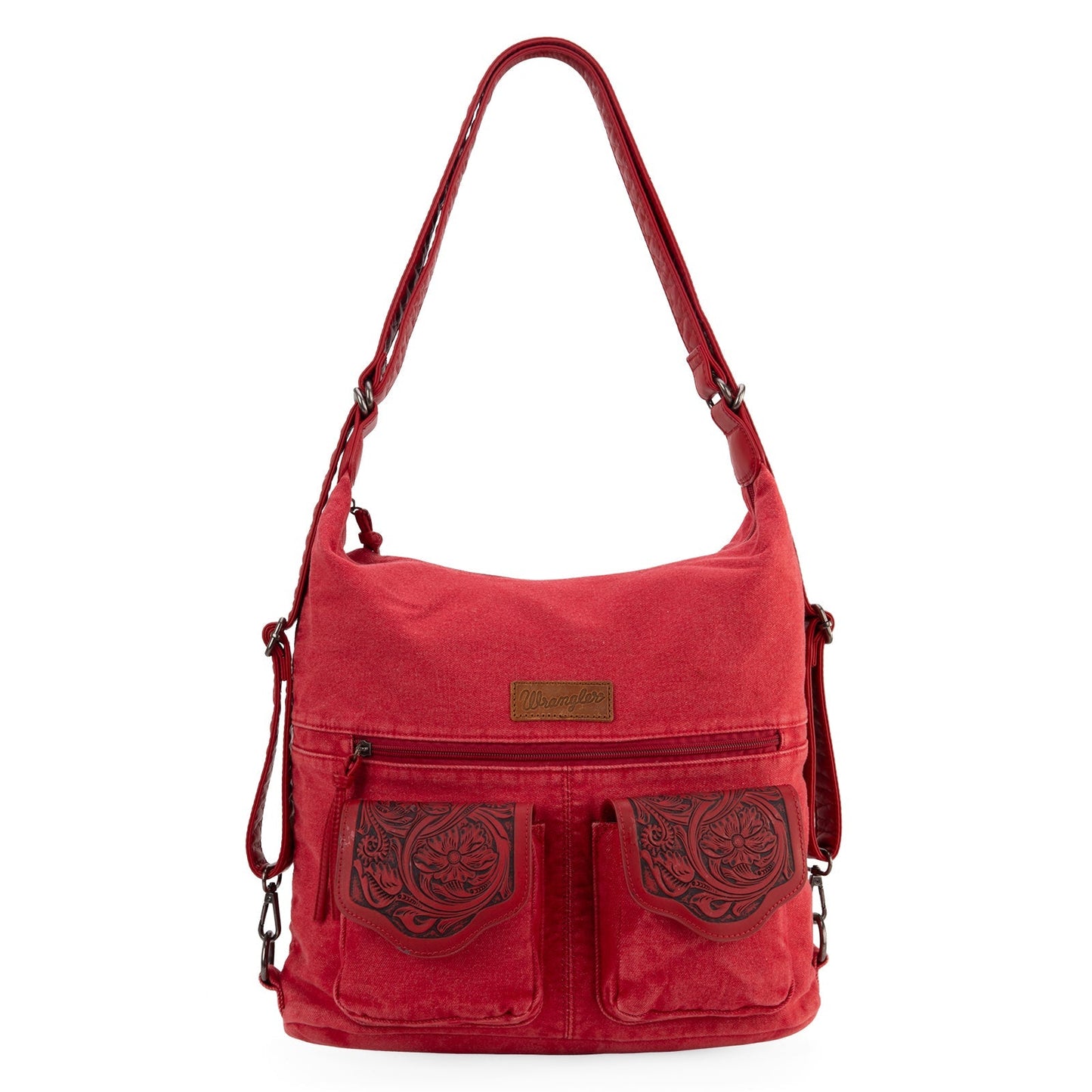 WG103-2008  Wrangler Floral Tooled Denim Hobo/Crossbody Backpack (Convertible ) Red