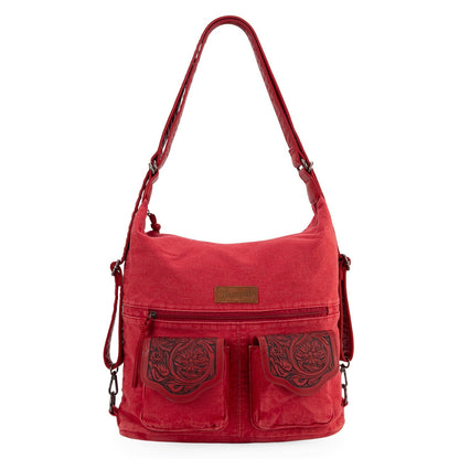 WG103-2008  Wrangler Floral Tooled Denim Hobo/Crossbody Backpack (Convertible ) Red