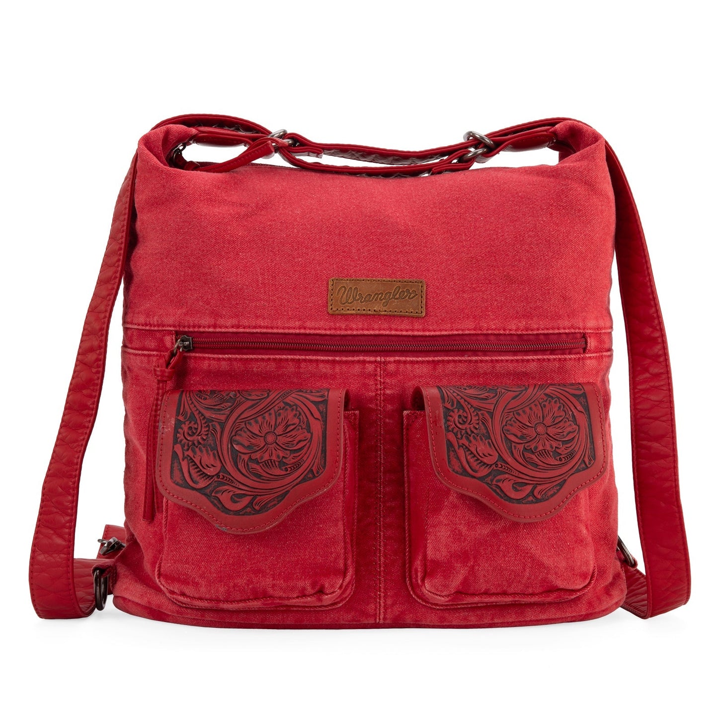 WG103-2008  Wrangler Floral Tooled Denim Hobo/Crossbody Backpack (Convertible ) Red