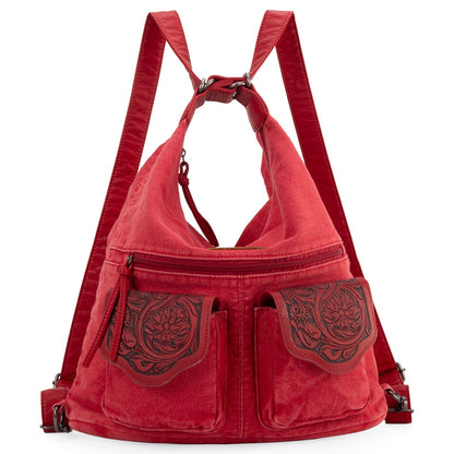 WG103-2008  Wrangler Floral Tooled Denim Hobo/Crossbody Backpack (Convertible ) Red