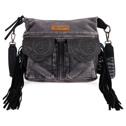 WG103-2009S Wrangler Fringe Floral Tooled  Denim Crossbody - Black