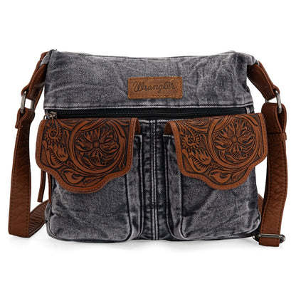 WG103-2009 Wrangler  Floral Tooled  Denim Crossbody -Black