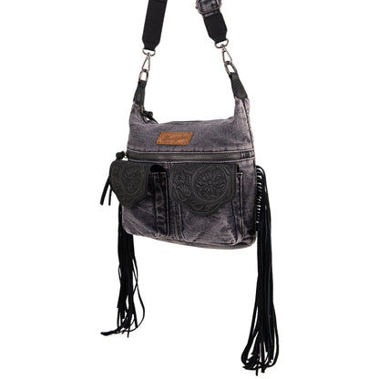 WG103-2009S Wrangler Fringe Floral Tooled  Denim Crossbody - Black