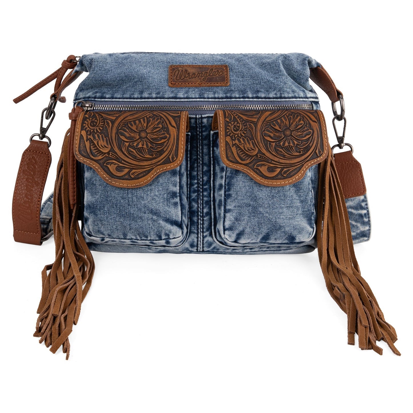 WG103-2009S Wrangler Fringe Floral Tooled  Denim Crossbody - Jean