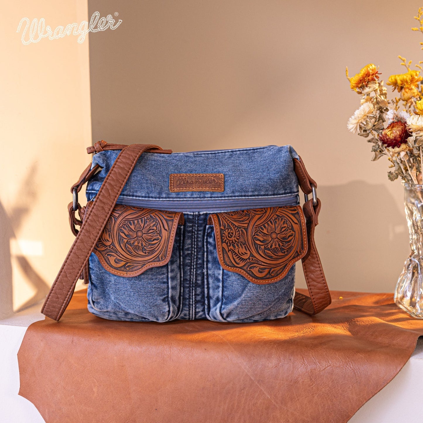 WG103-2009 Wrangler  Floral Tooled  Denim Crossbody Jean