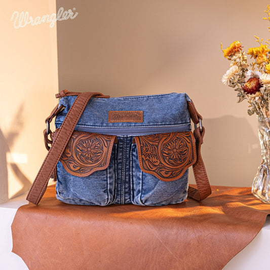 WG103-2009 Wrangler  Floral Tooled  Denim Crossbody Jean