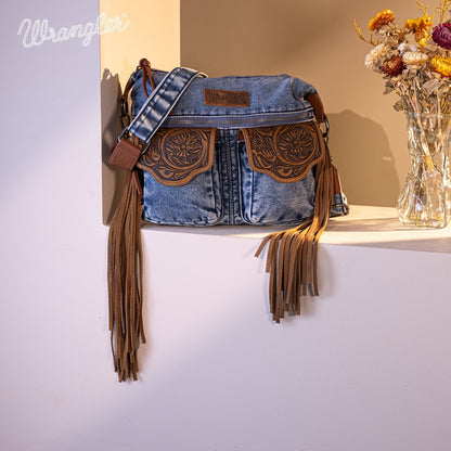 WG103-2009S Wrangler Fringe Floral Tooled  Denim Crossbody - Jean