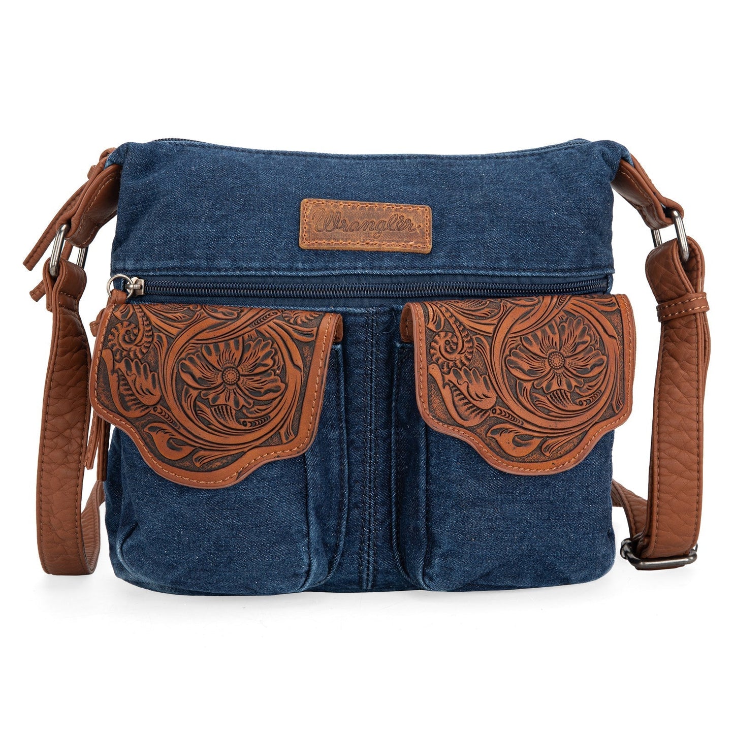 WG103-2009 Wrangler  Floral Tooled  Denim Crossbody Navy