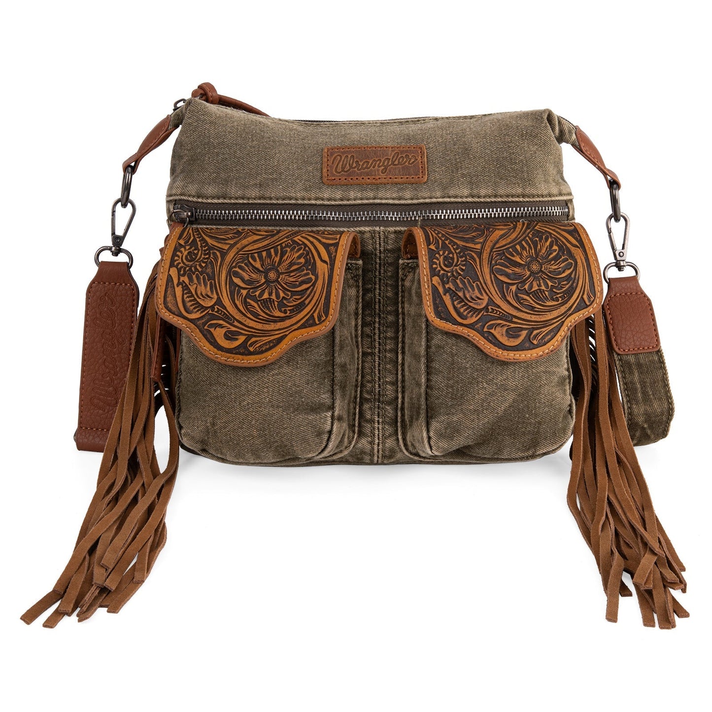 WG103-2009S Wrangler Fringe Floral Tooled  Denim Crossbody - Olive