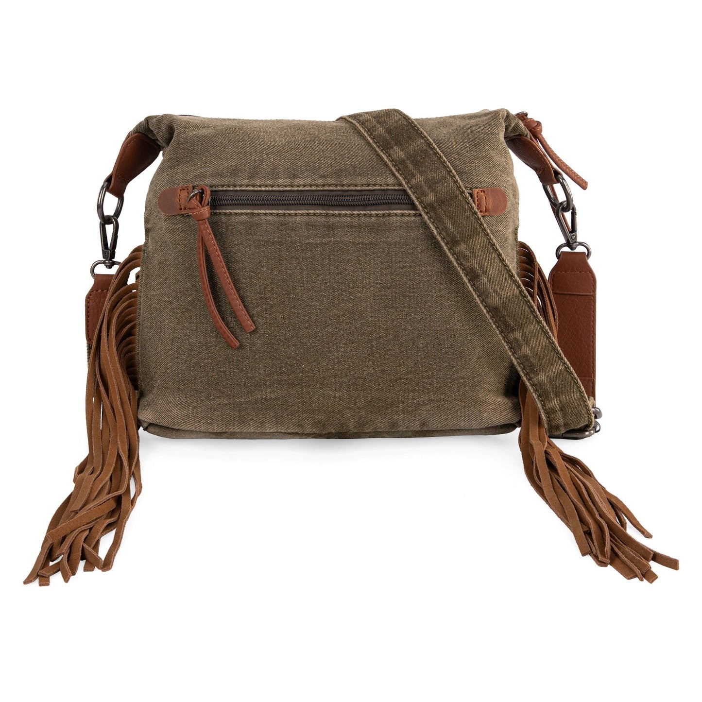 WG103-2009S Wrangler Fringe Floral Tooled  Denim Crossbody - Olive