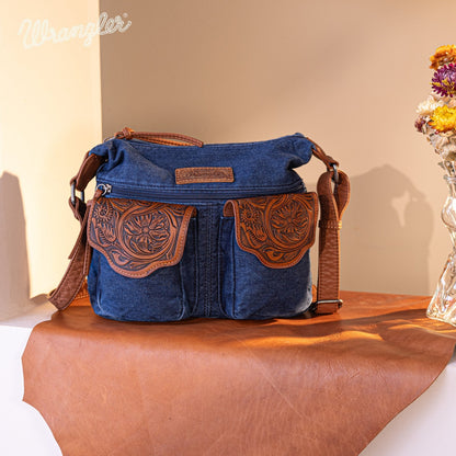 WG103-2009 Wrangler  Floral Tooled  Denim Crossbody Navy