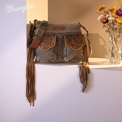 WG103-2009S Wrangler Fringe Floral Tooled  Denim Crossbody - Olive