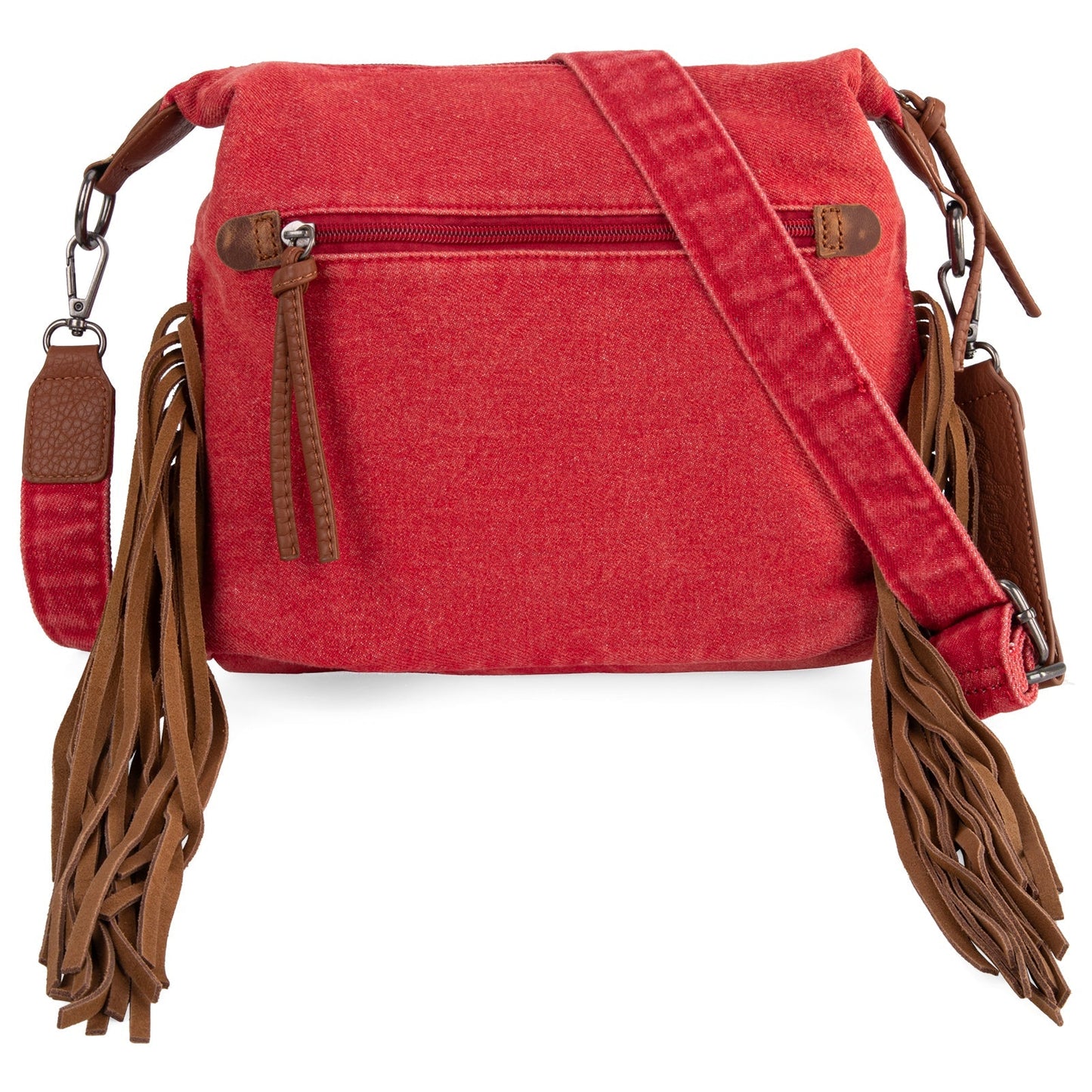 WG103-2009S Wrangler Fringe Floral Tooled  Denim Crossbody - Red