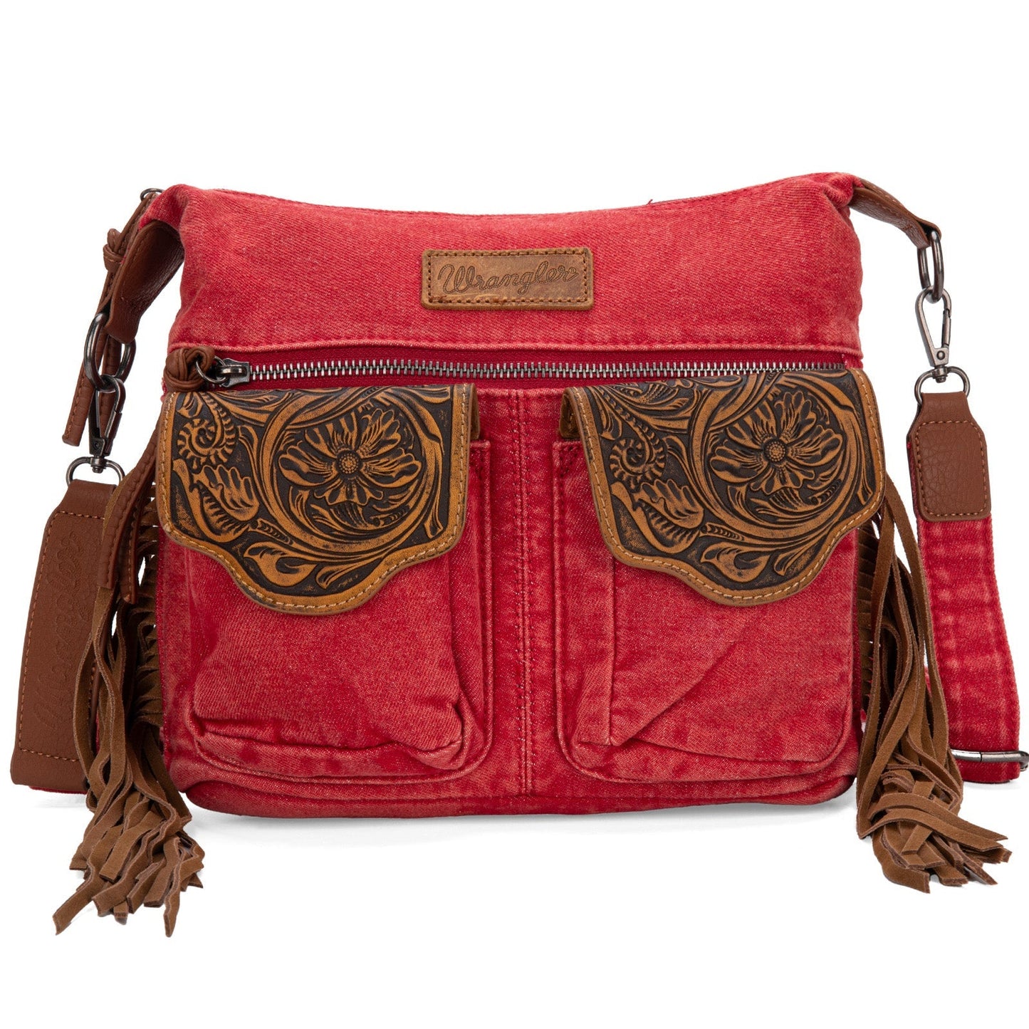 WG103-2009S Wrangler Fringe Floral Tooled  Denim Crossbody - Red