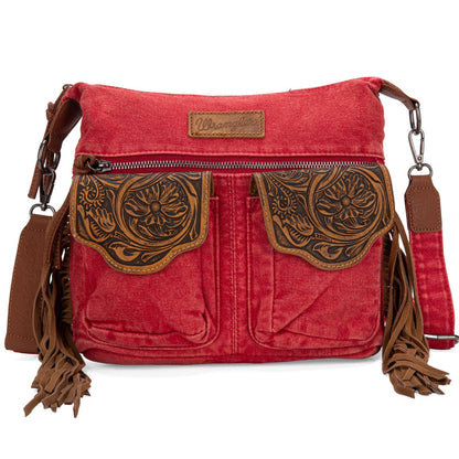 WG103-2009S Wrangler Fringe Floral Tooled  Denim Crossbody - Red