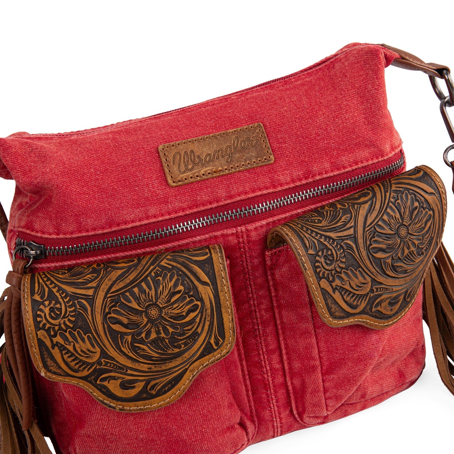 WG103-2009S Wrangler Fringe Floral Tooled  Denim Crossbody - Red