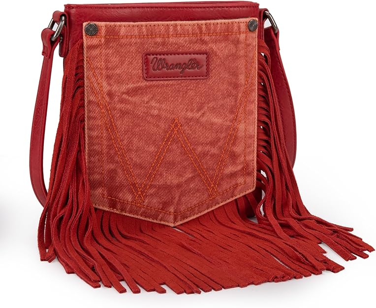 Wrangler Leather Fringe Jean Denim Pocket Crossbody