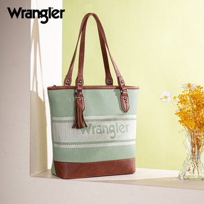 Wrangler Leather Trim Striped Canvas Tote Bag