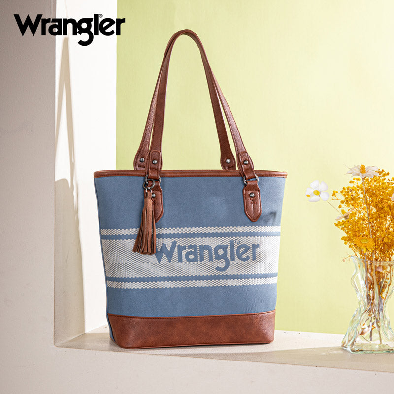 Wrangler Leather Trim Striped Canvas Tote Bag