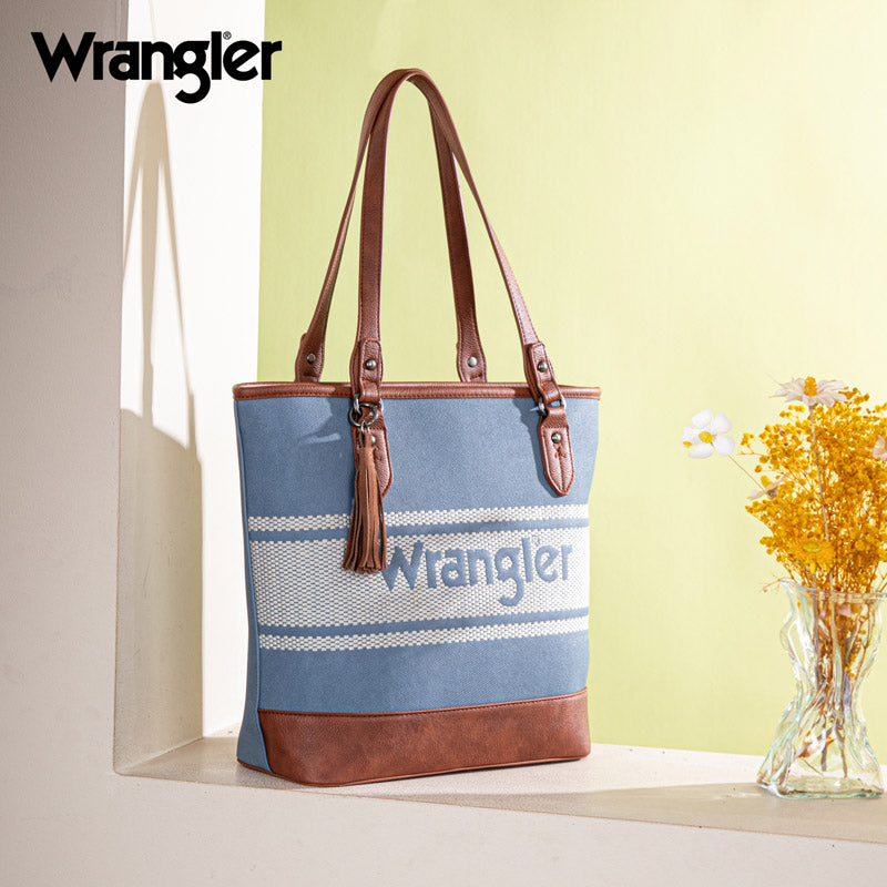 Wrangler Leather Trim Striped Canvas Tote Bag