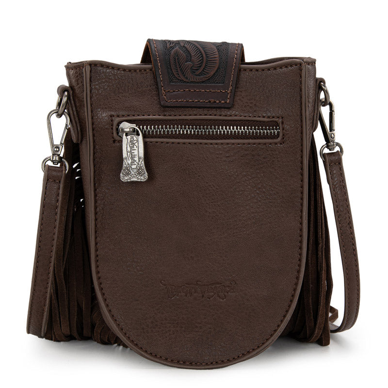 Trinity Ranch Genuine Hair-On Cowhide Tooled Fringe Crossbody Bag