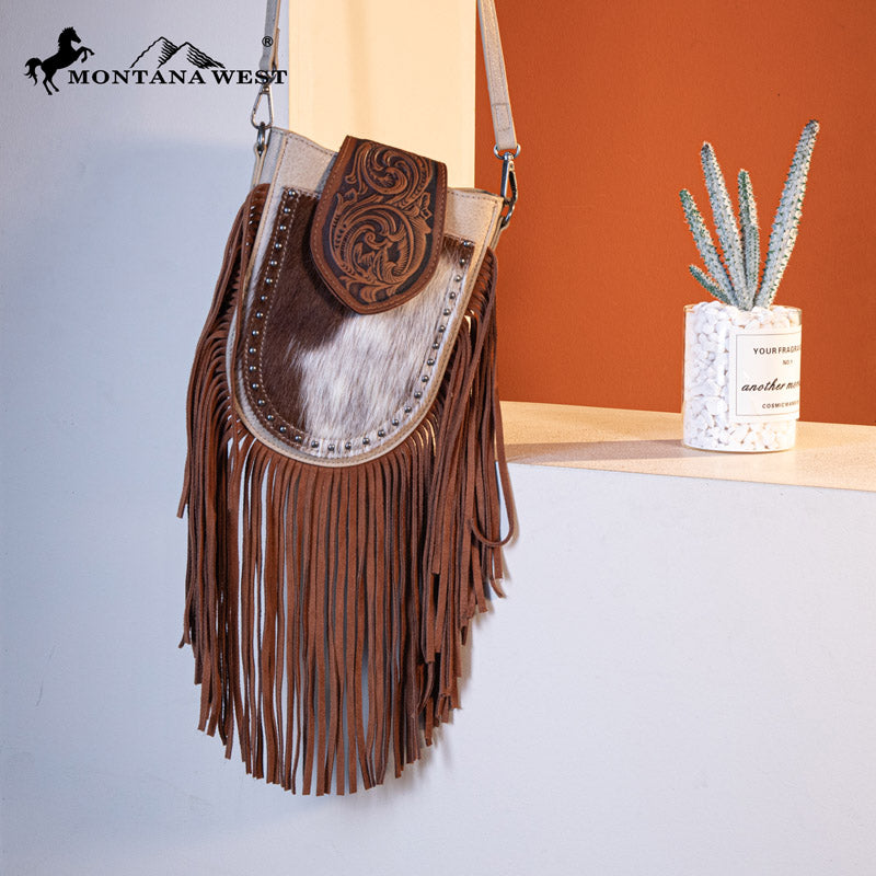 Trinity Ranch Genuine Hair-On Cowhide Tooled Fringe Crossbody Bag