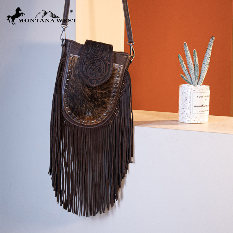 Trinity Ranch Genuine Hair-On Cowhide Tooled Fringe Crossbody Bag