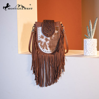 Trinity Ranch Genuine Hair-On Cowhide Tooled Fringe Crossbody Bag