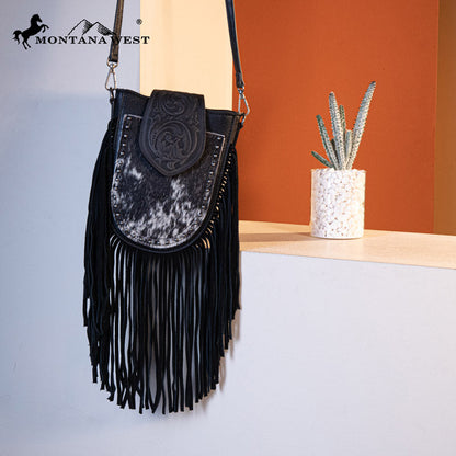 Trinity Ranch Genuine Hair-On Cowhide Tooled Fringe Crossbody Bag