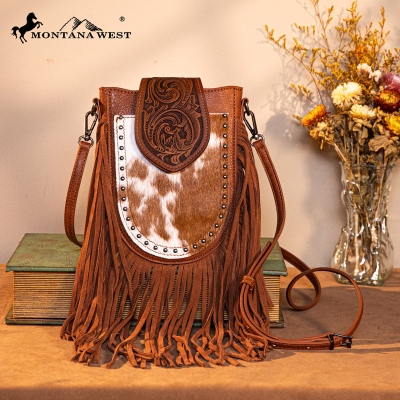 Trinity Ranch Genuine Hair-On Cowhide Tooled Fringe Crossbody Bag