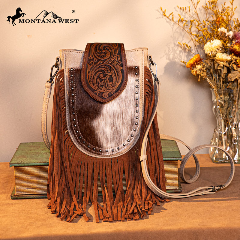 Trinity Ranch Genuine Hair-On Cowhide Tooled Fringe Crossbody Bag