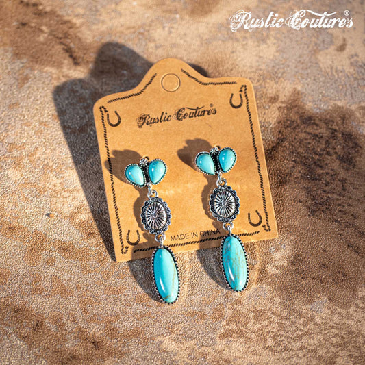 Rustic Couture's® Silver Oval  Concho Nature Turquoise Dangling Earring