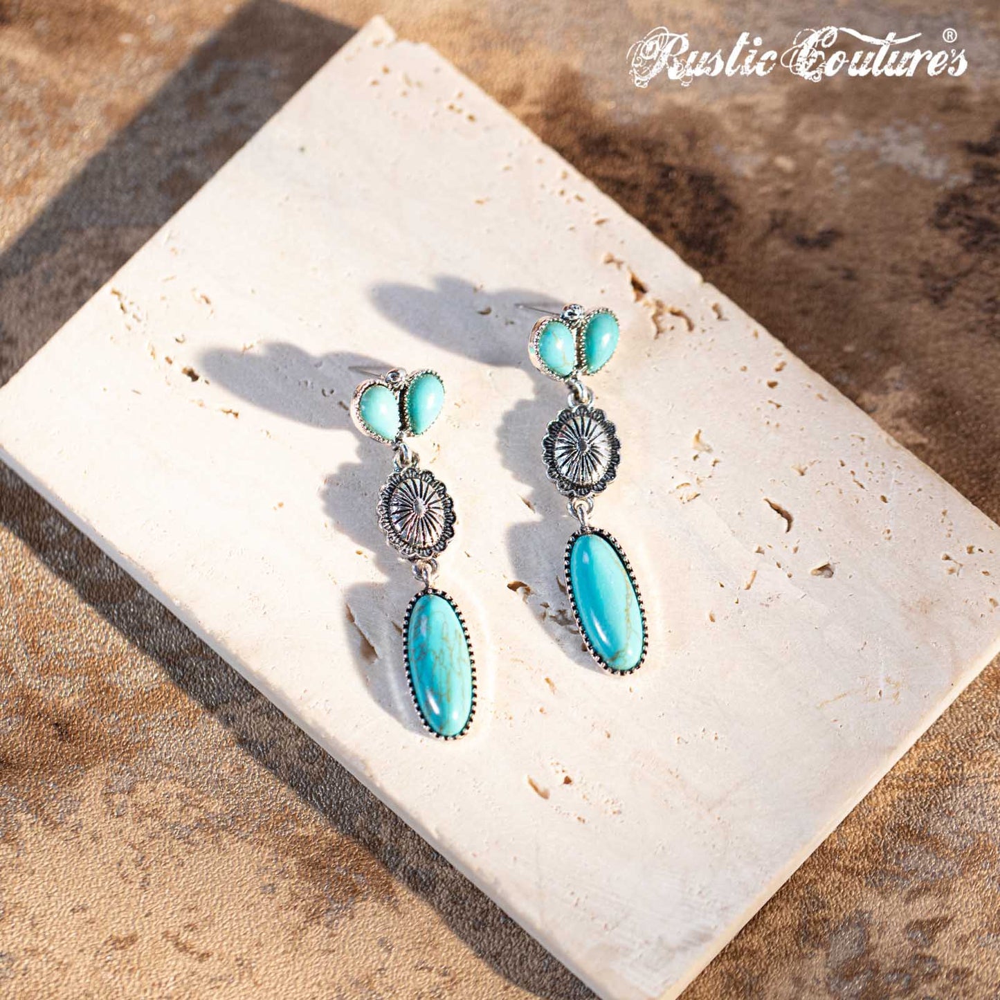 Rustic Couture's® Silver Oval  Concho Nature Turquoise Dangling Earring