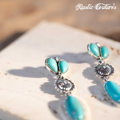 Rustic Couture's® Silver Oval  Concho Nature Turquoise Dangling Earring