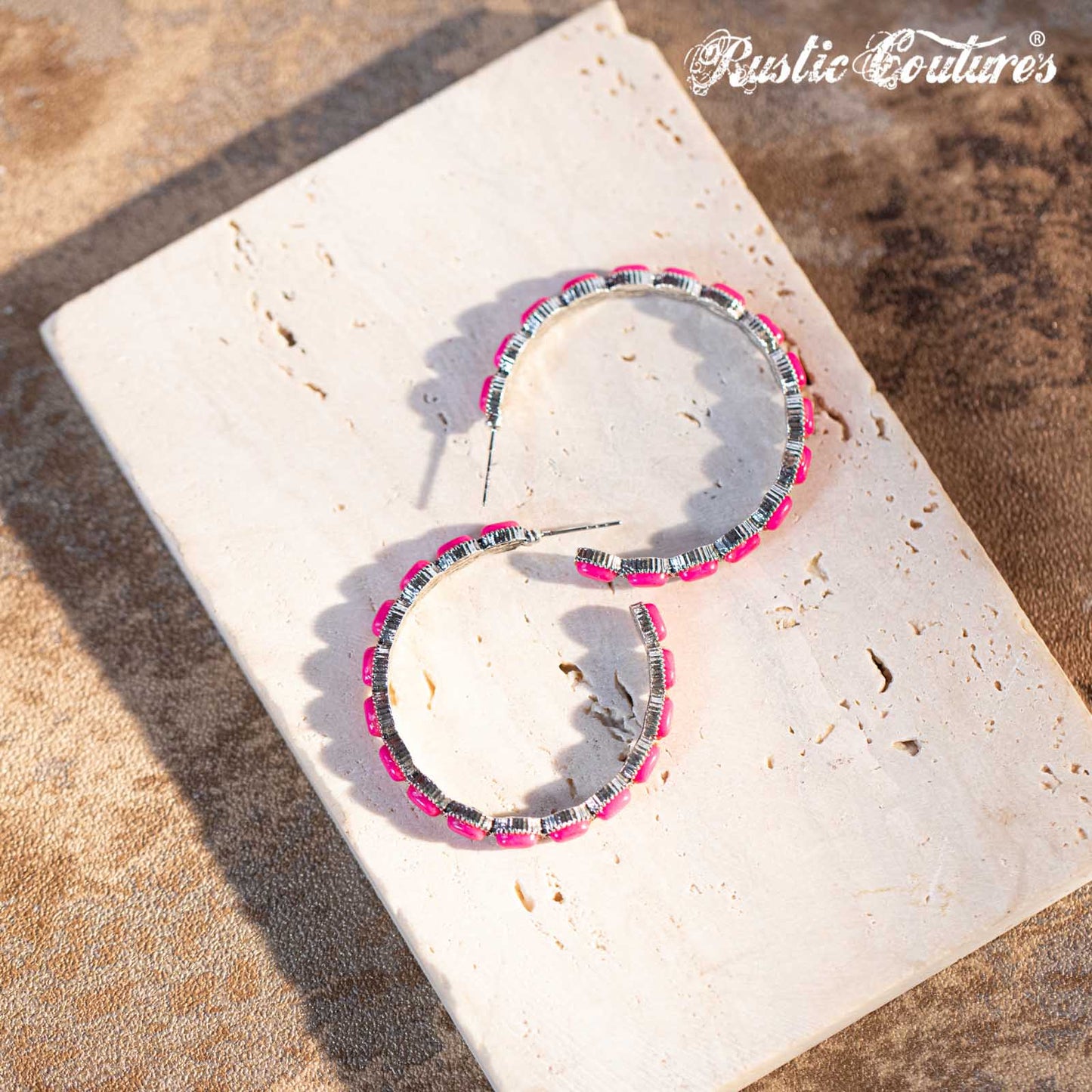 Rustic Couture's Silver Base Hot Pink Nature Stone Bead Hoop Earrings