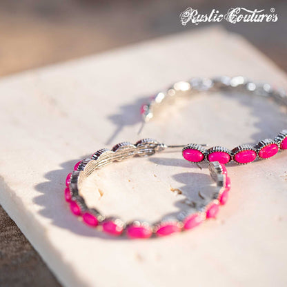 Rustic Couture's Silver Base Hot Pink Nature Stone Bead Hoop Earrings