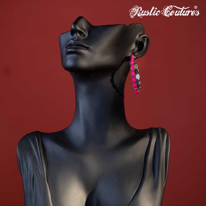 Rustic Couture's Silver Base Hot Pink Nature Stone Bead Hoop Earrings