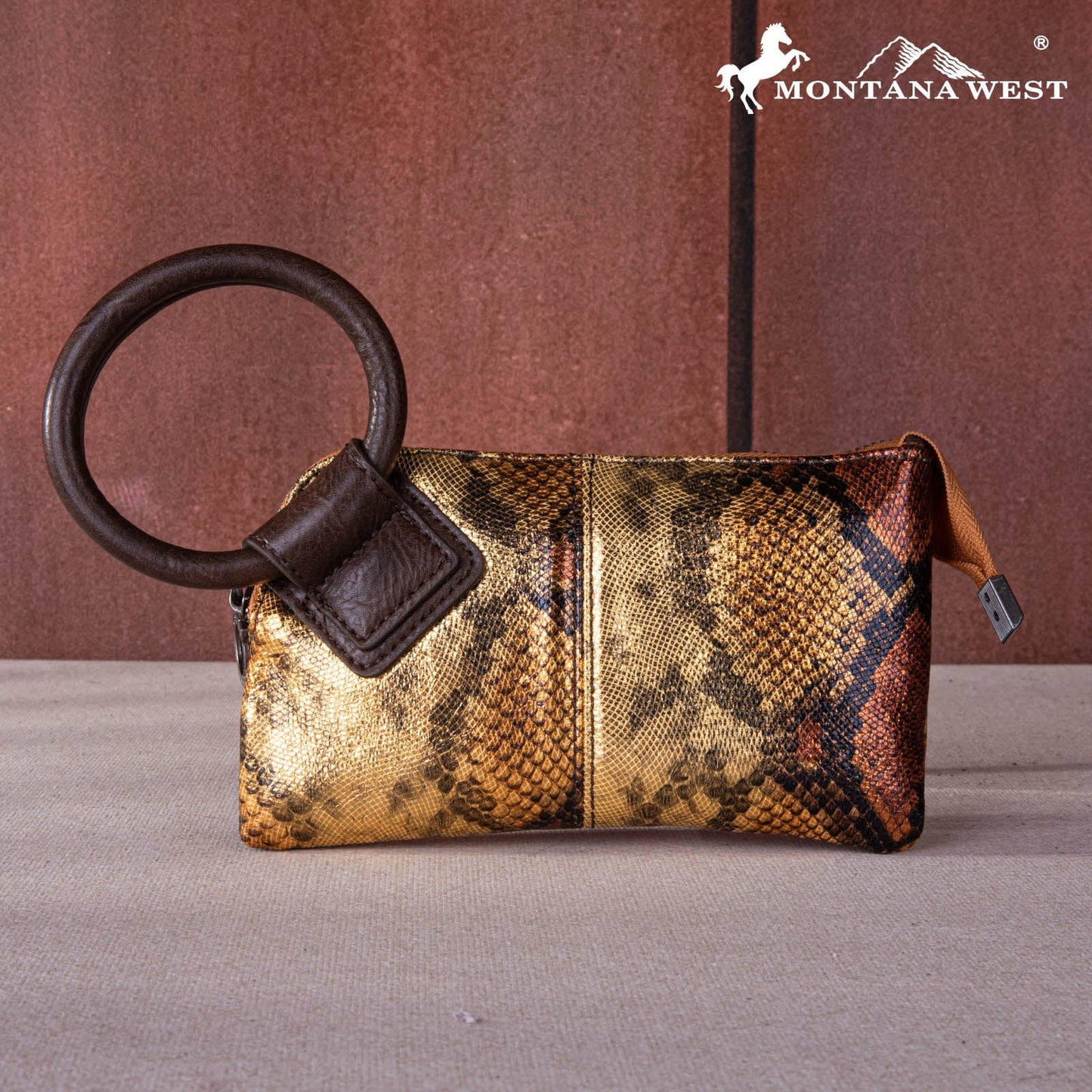 MW1260-181 Montana West Snake Print Ring Handle Wristlet Clutch Bag