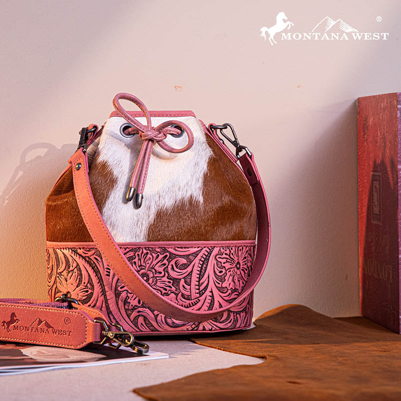 Montana West Cowhide Tooled Bucket Bag