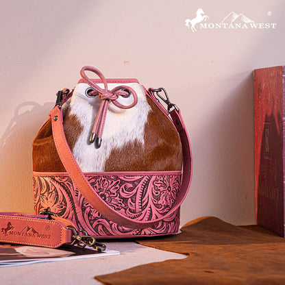 Montana West Cowhide Tooled Bucket Bag