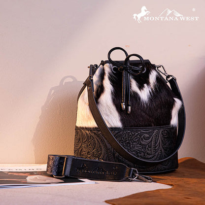 Montana West Cowhide Tooled Bucket Bag