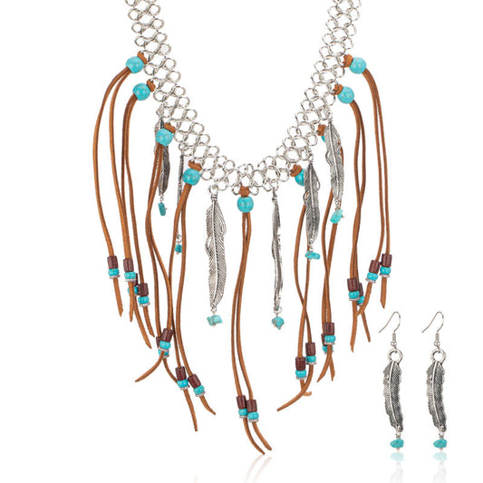 Rustic Couture's® Bohemian Leather Feather Tassel Necklace Earrings Set