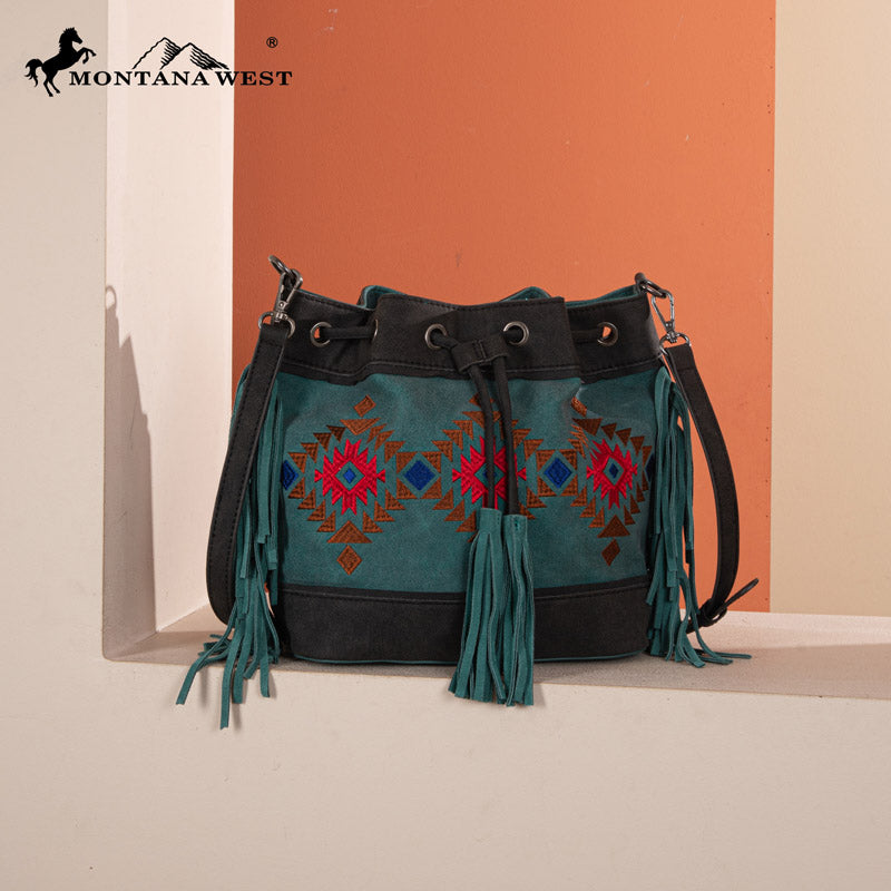 Montana West Aztec Fringe Bucket Bag